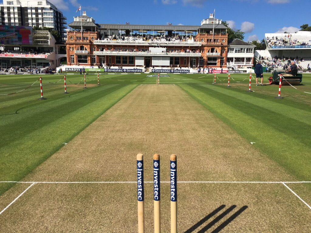 A cricket pitch measuring 20 meters, where two pitches laid end to end equal 40 meters.