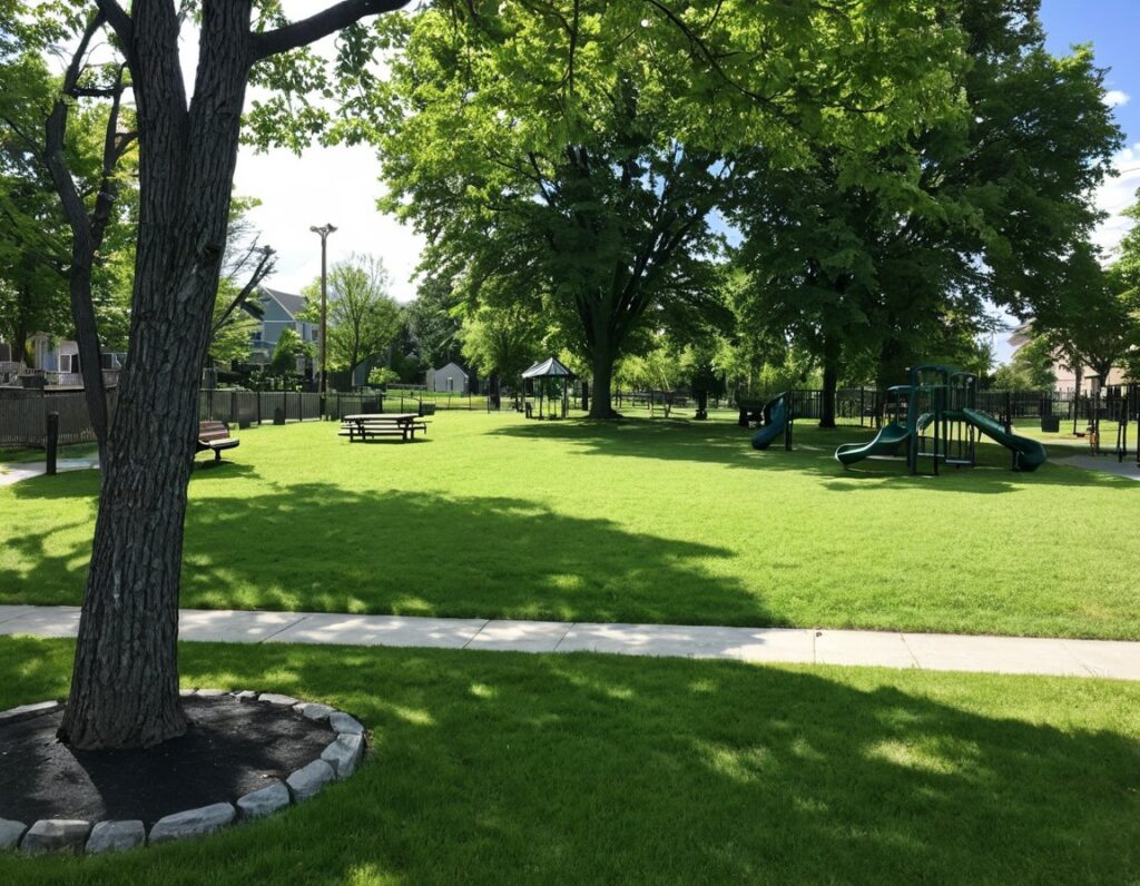 100 square meter micro-park featuring a playground, seating area, and garden