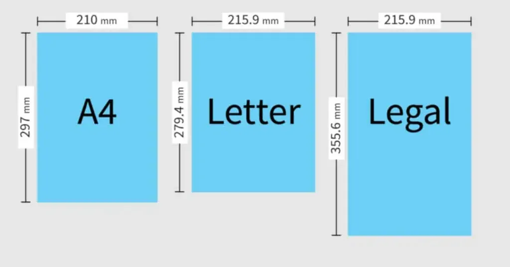 Standard Paper Size Comparisons 9 inches