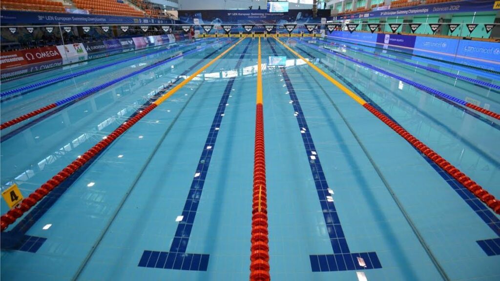 An Olympic-sized pool, 50 meters long, showing 40 meters as 80% of a lap