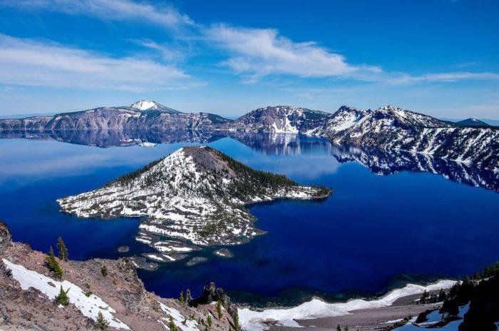 Crater Lake’s rim, featuring Wizard Island, symbolizing a 10-mile walk around this volcanic caldera