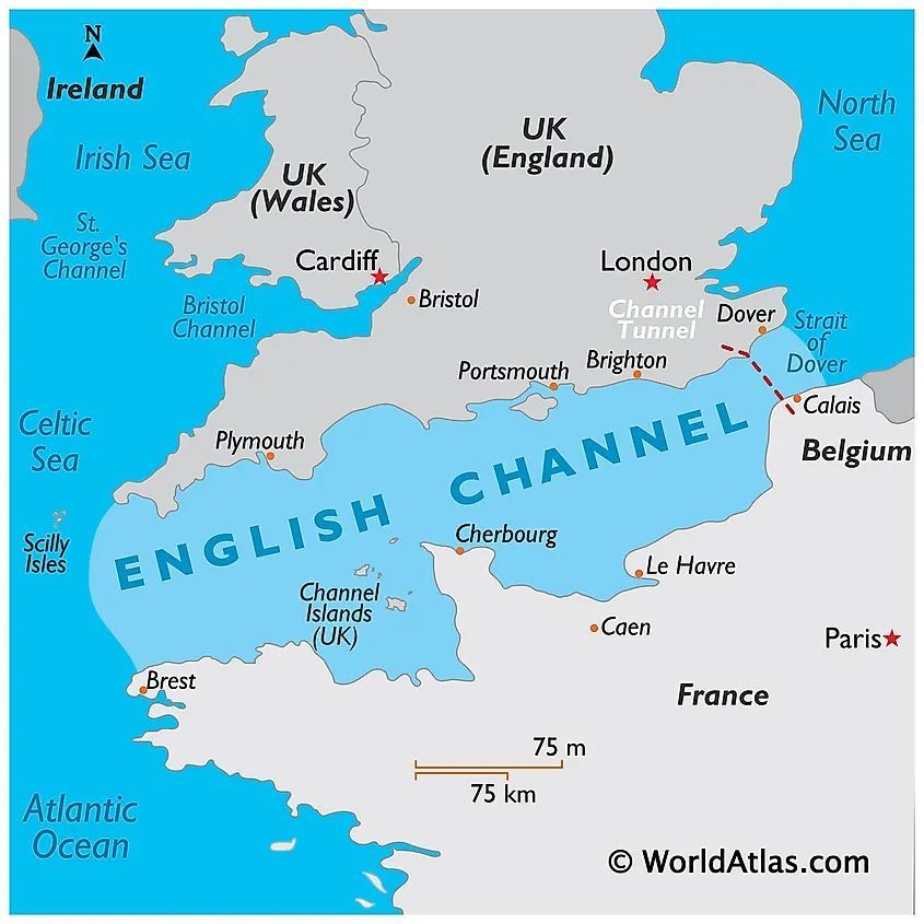 English Channel from Dover, illustrating a 10-mile journey across this famous body of water.